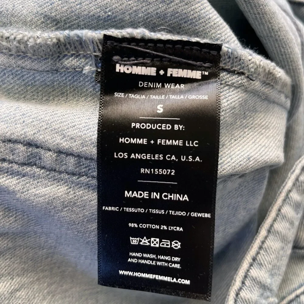 NWT Homme + Femme Light Wash distressed denim Work jacket Sz S Full zip